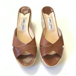Jimmy Choo Dovina Wedge Sandals Womens 39  Brown Leather Open Toe Criss Cross